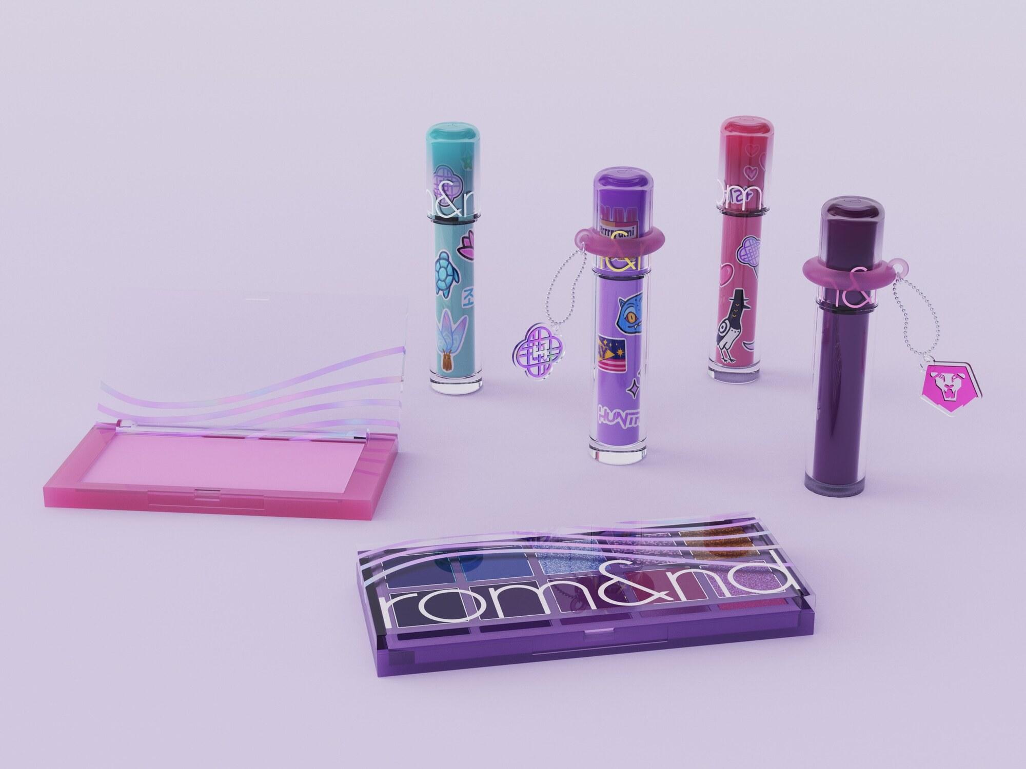 Full Rom&nd x Kpop Demon Hunters product lineup: eyeshadow palette, lip glosses, and blush compacts on a lavender background